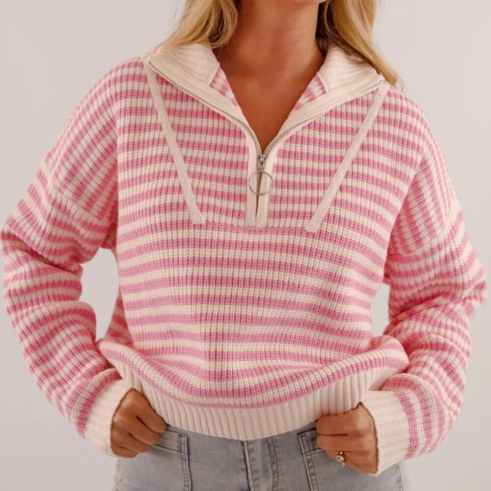 NWT SOFT PINK STRIPE HALF ZIP SWEATER